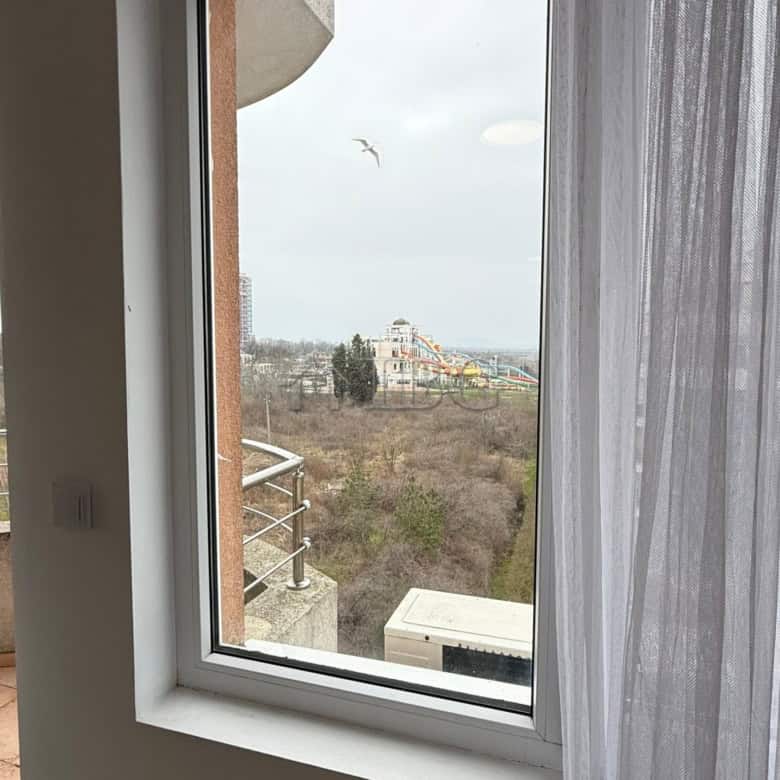 View from a 1-bedroom apartment window overlooking Pomorie Beach Resort.