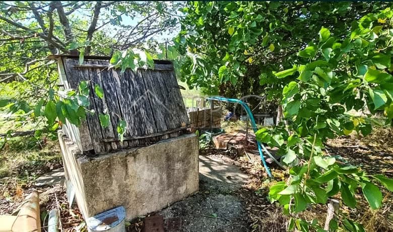Water well and garden of a two-storey house in Aleksandrovo village.