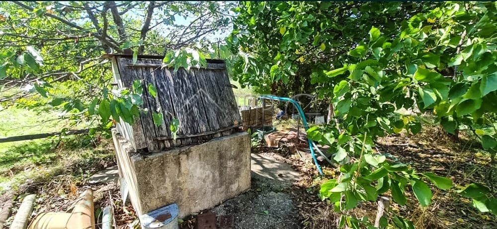 Water well and garden of a two-storey house in Aleksandrovo village.