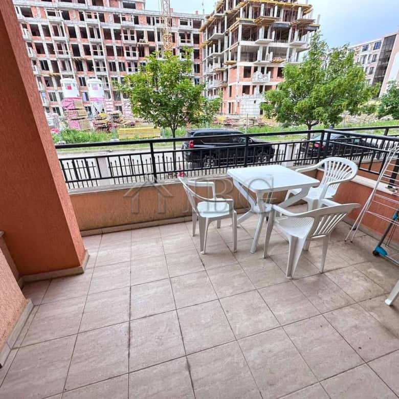 Balcony of a one-bedroom apartment in Star Dreams Complex, Sveti Vlas, with outdoor furniture and sc.