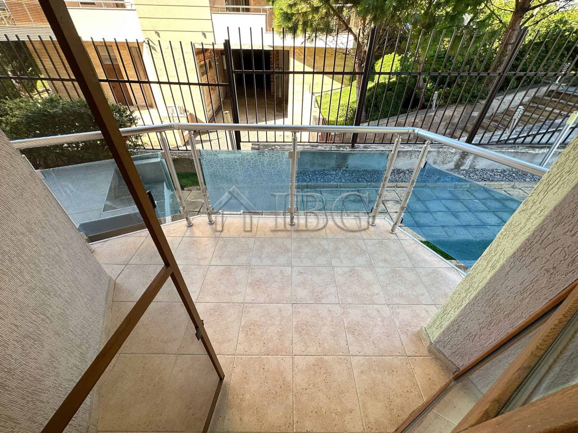 Balcony view of swimming pool in Sveti Vlas complex.