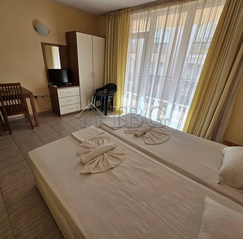 Furnished 42 sq. m. studio with balcony at Pollo Resort, Sunny Beach, offering comfort and scenic vi.
