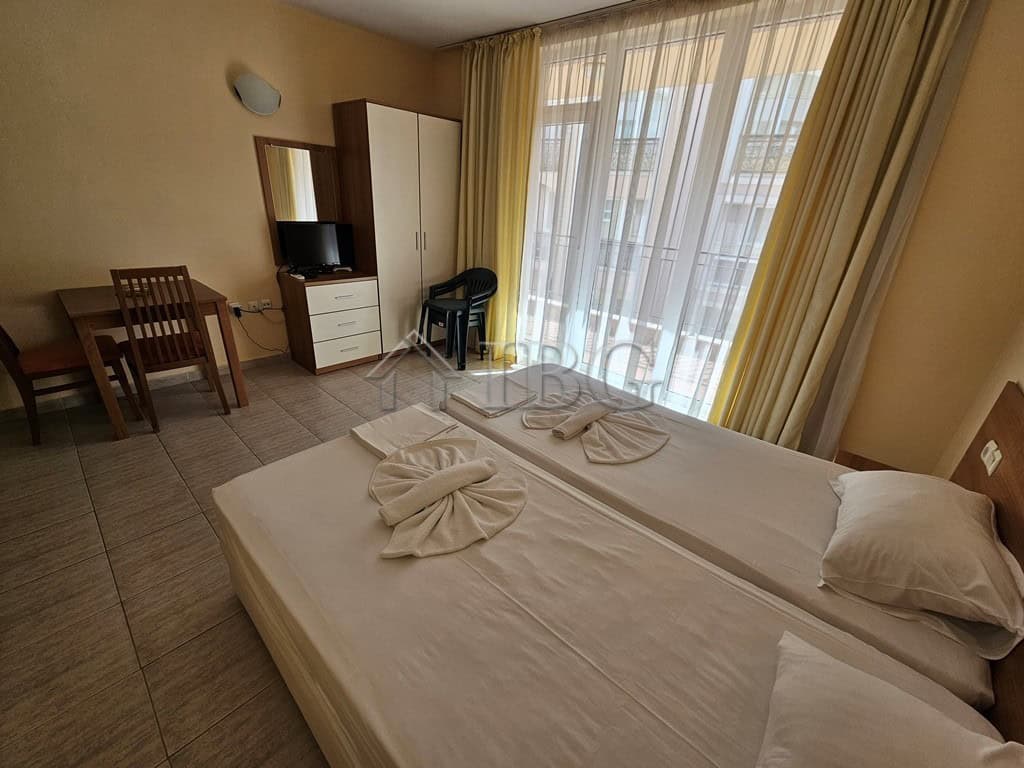 Furnished 42 sq. m. studio with balcony at Pollo Resort, Sunny Beach, offering comfort and scenic vi.