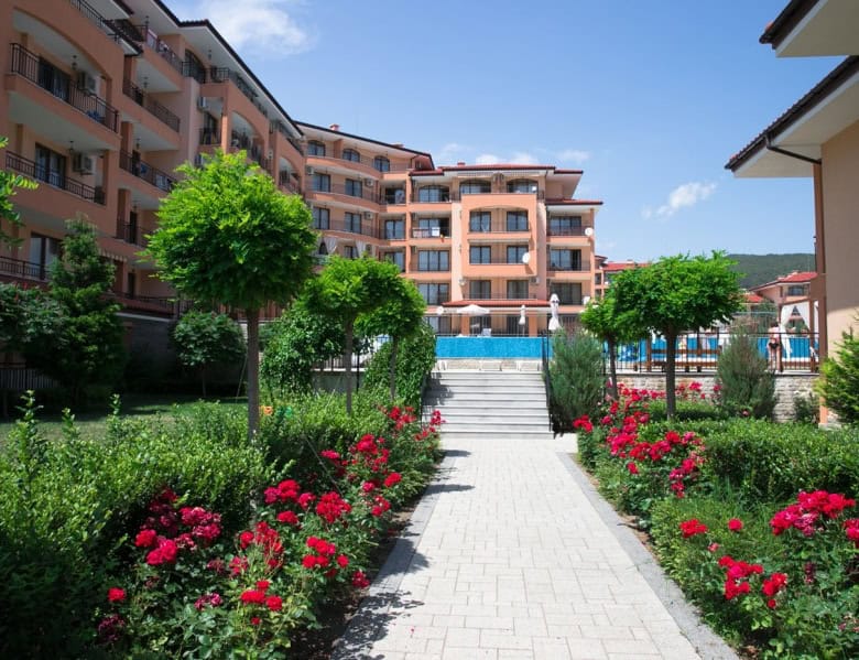 Beautiful garden view of Star Dreams apartment complex in Sveti Vlas, near the sea.