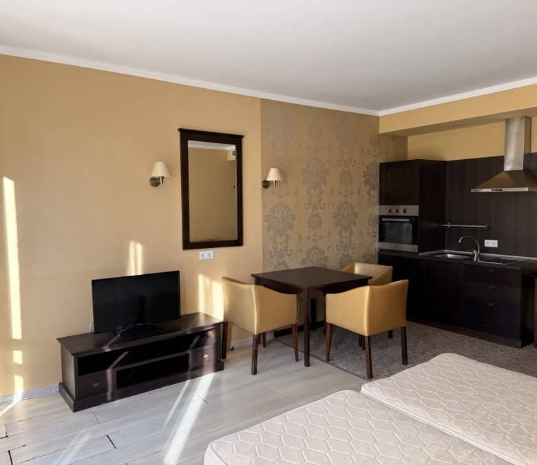 Pool view studio apartment with large terrace at Barcelo Royal Beach, Sunny Beach. Modern interior,.