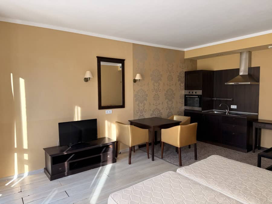 Pool view studio apartment with large terrace at Barcelo Royal Beach, Sunny Beach. Modern interior,.