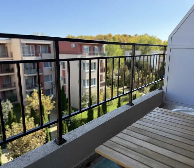 Balcony view of the top floor studio in Holiday Fort Club, Sunny Beach, offering 36 sq.m. of living.
