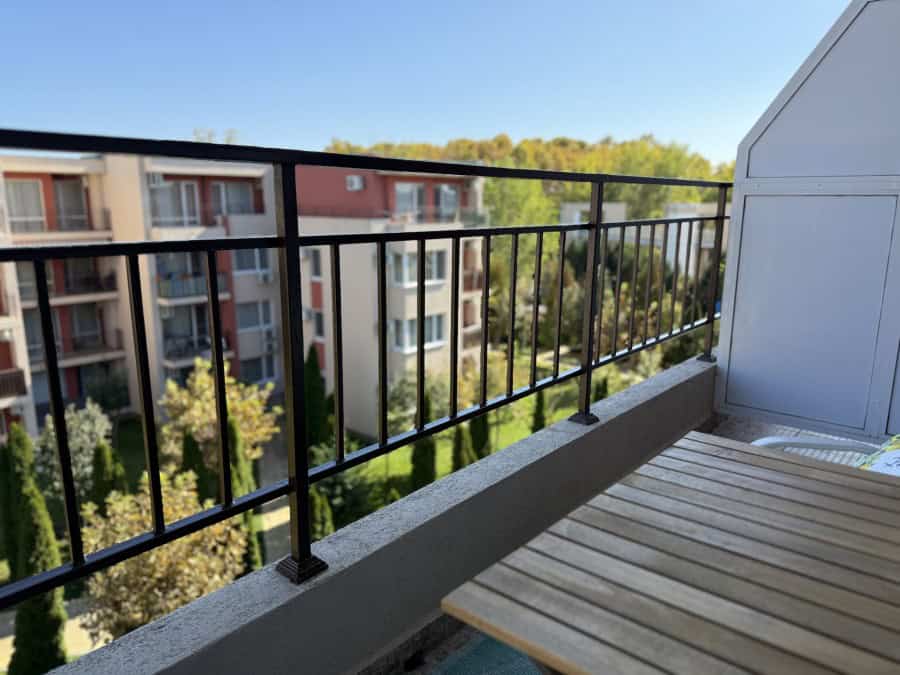 Studio apartment balcony at Holiday Fort Club, Sunny Beach Balcony view of the top floor studio in Holiday Fort Club, Sunny Beach, offering 36 sq.m. of living.