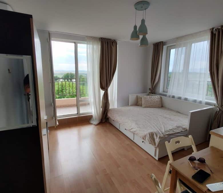 Panoramic view studio apartment in Holiday Fort Club, Sunny Beach, with 48 sq.m. space and top-floor.