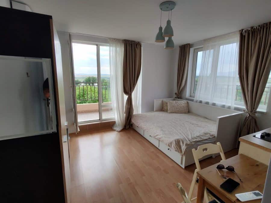 Panoramic view studio apartment in Holiday Fort Club, Sunny Beach, with 48 sq.m. space and top-floor.