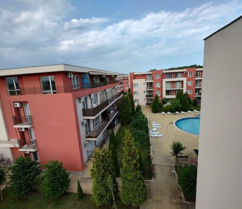 Bright top-floor studio with panoramic views at Holiday Fort Club, Sunny Beach, featuring modern ame.