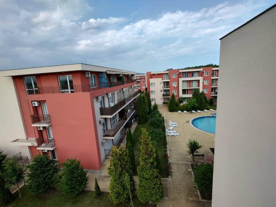 Bright top-floor studio with panoramic views at Holiday Fort Club, Sunny Beach, featuring modern ame.