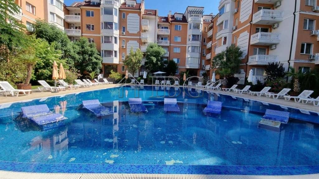 Pool area of a furnished 1-bedroom apartment in Sea Diamond, Sunny Beach, Bulgaria.
