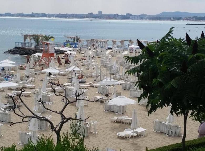Beautiful seaside view with lounge chairs and umbrellas at a sunny beach.