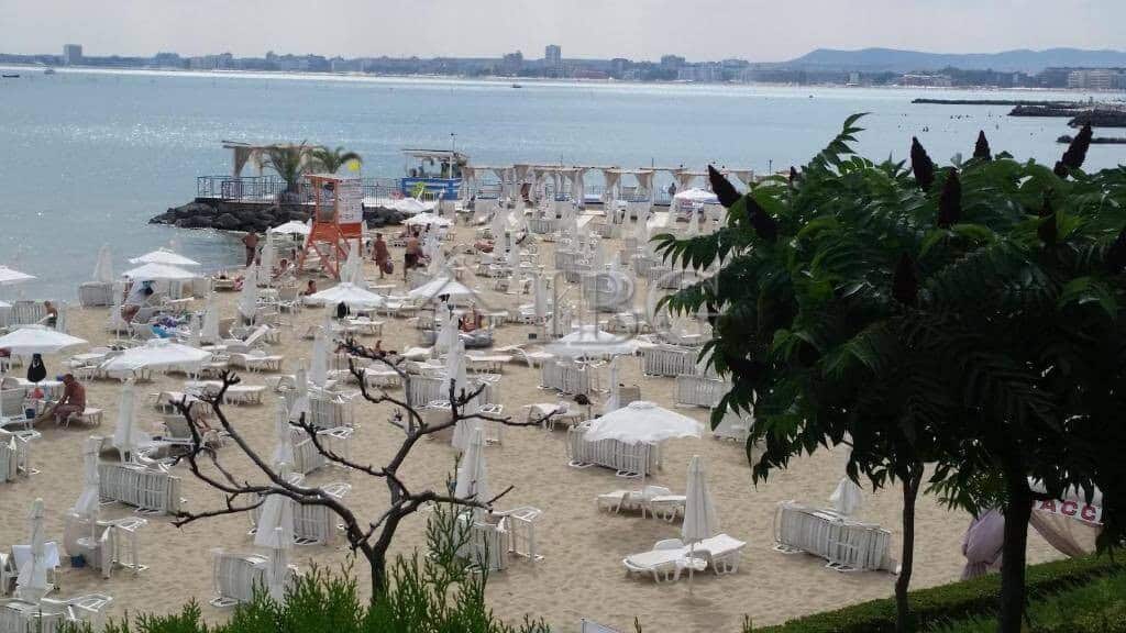 Beautiful seaside view with lounge chairs and umbrellas at a sunny beach.