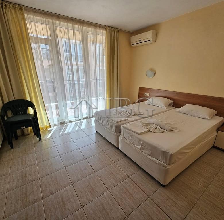 Furnished 42 sq. m. studio with balcony at Pollo Resort, Sunny Beach. Modern interior, bright space,.