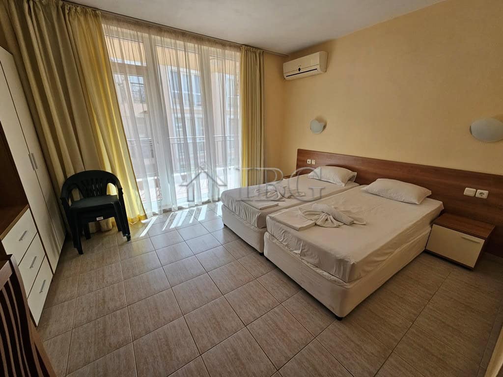 Furnished 42 sq. m. studio with balcony at Pollo Resort, Sunny Beach. Modern interior, bright space,.