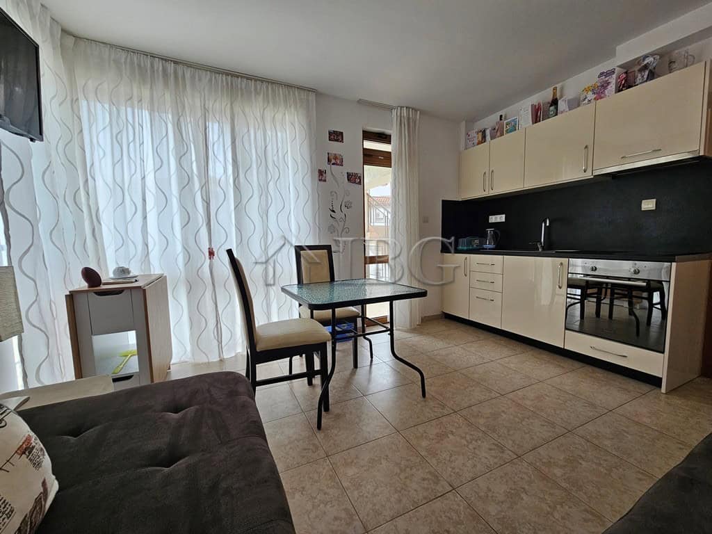 Interior of a 1-bedroom apartment with pool view in Sveti Vlas, Dinevi Resort.