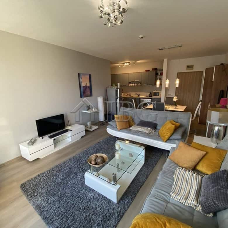 Spacious living room with contemporary furniture, TV, and cozy cushions in Vineyards Resort, Aheloy.