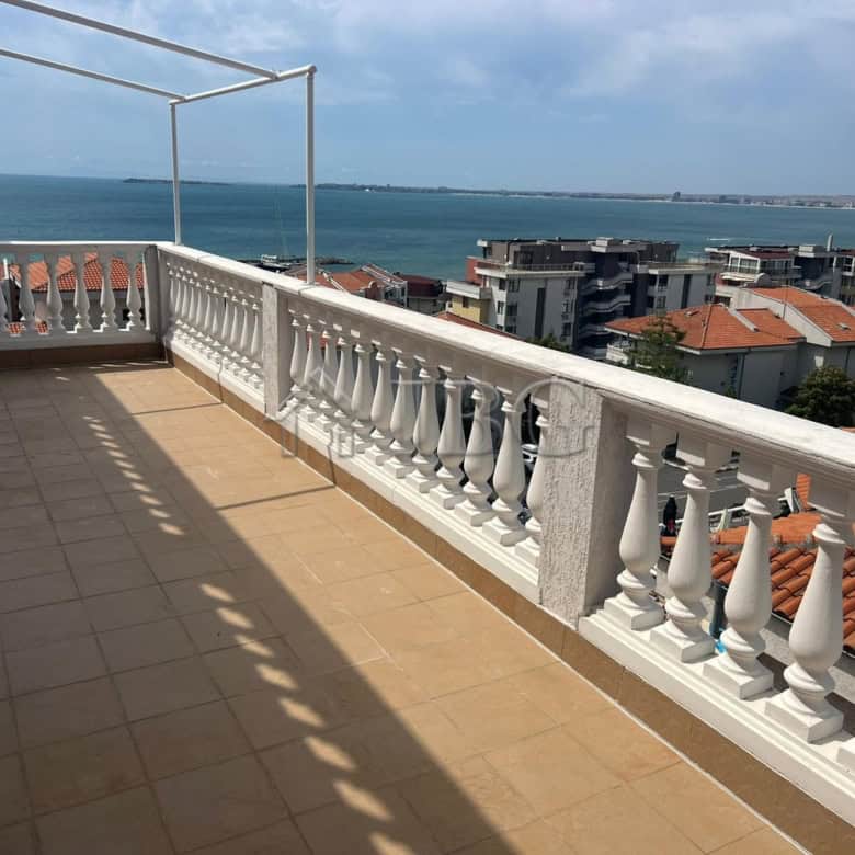 Balcony overlooking the yacht harbor and sea in Sveti Vlas, Bulgaria, offering stunning views from a.