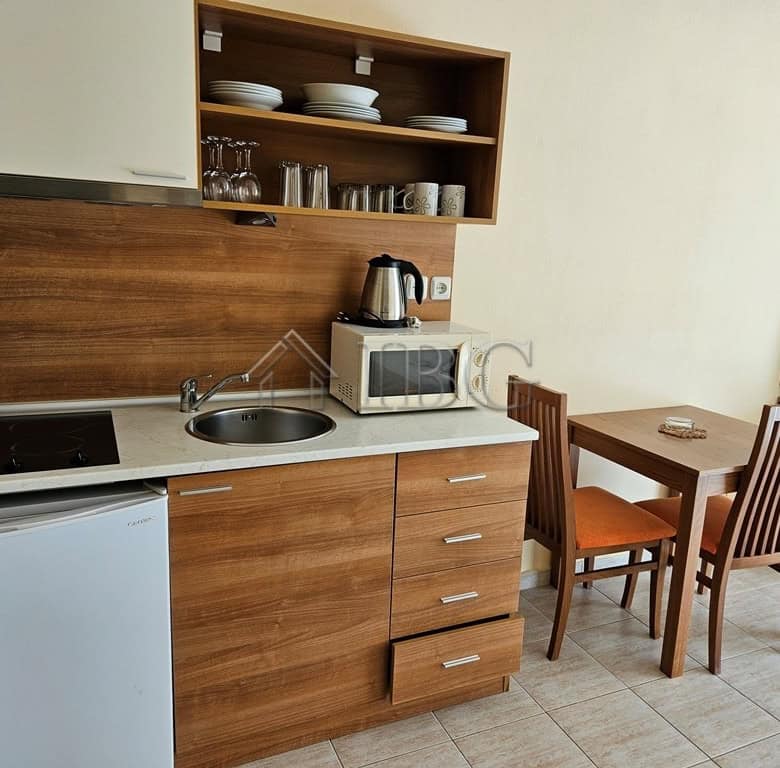 Furnished 42 sq. m. studio with balcony in Pollo Resort, Sunny Beach, featuring modern kitchen and d.