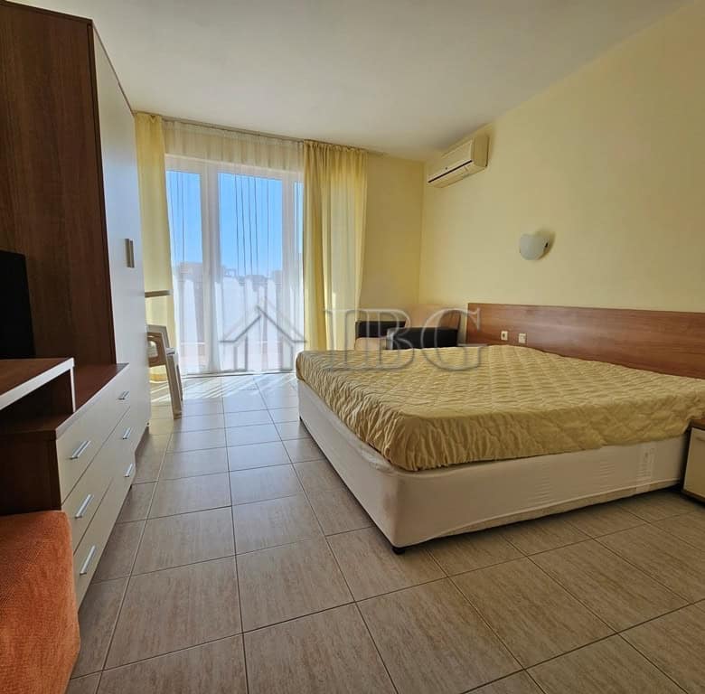 Bright studio apartment with balcony overlooking pool at Pollo Resort, Sunny Beach.
