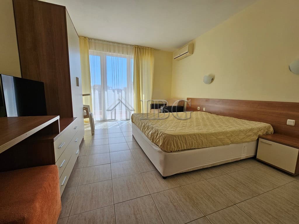 Bright studio apartment with balcony overlooking pool at Pollo Resort, Sunny Beach.