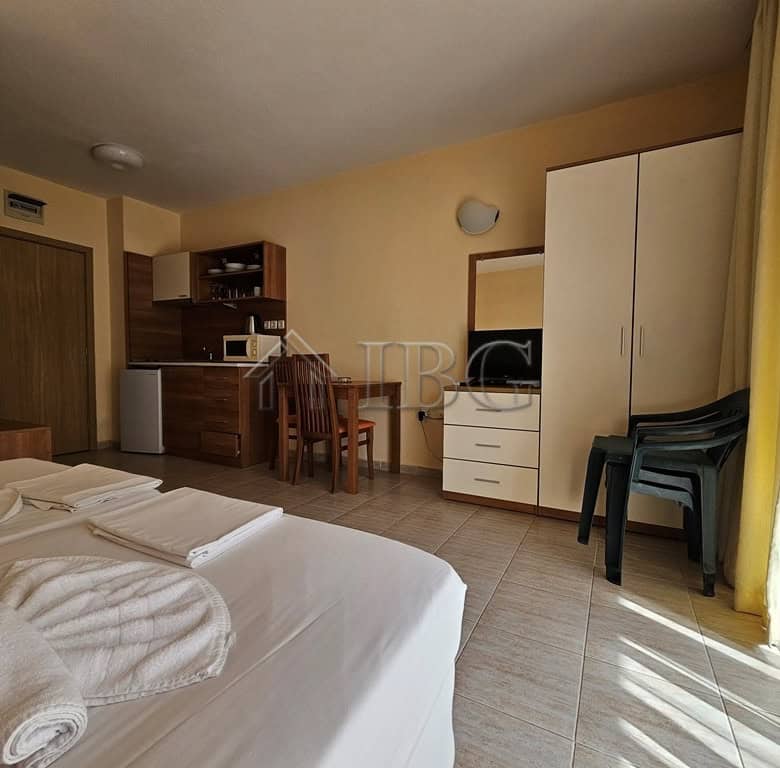 Furnished 42 sq. m. studio with balcony in Pollo Resort, Sunny Beach, offering modern amenities and.