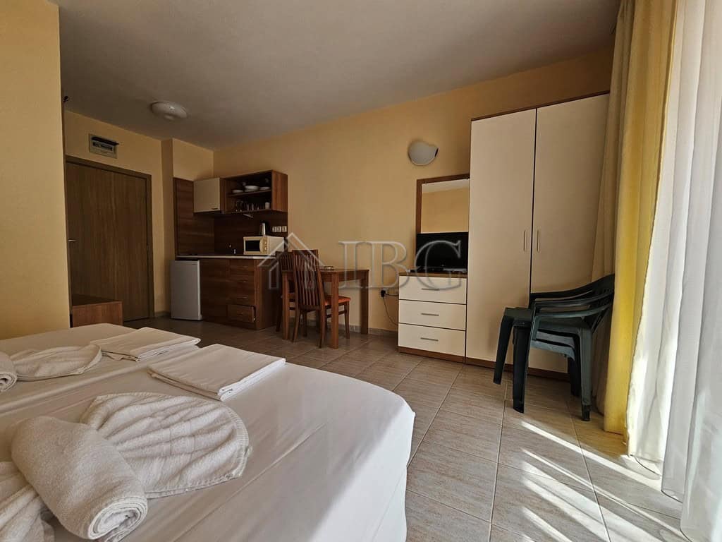 Furnished 42 sq. m. studio with balcony in Pollo Resort, Sunny Beach, offering modern amenities and.