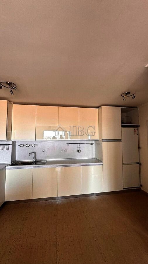Kitchen with beige cabinets, stainless steel sink, and minimalistic design.