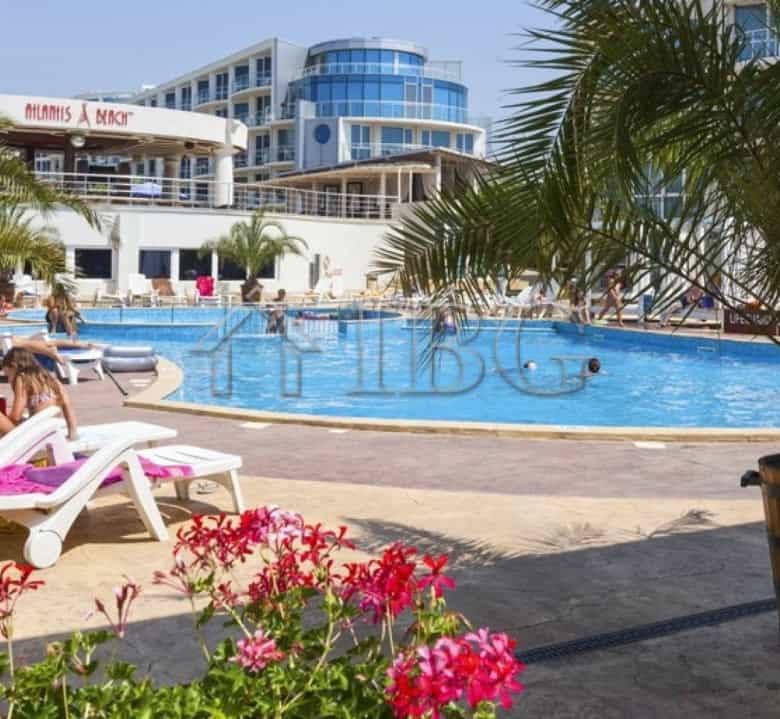 View of swimming pool and sea from Atlantis Resort in Sarafovo, Burgas.
