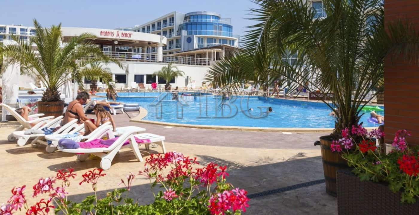 View of swimming pool and sea from Atlantis Resort in Sarafovo, Burgas.