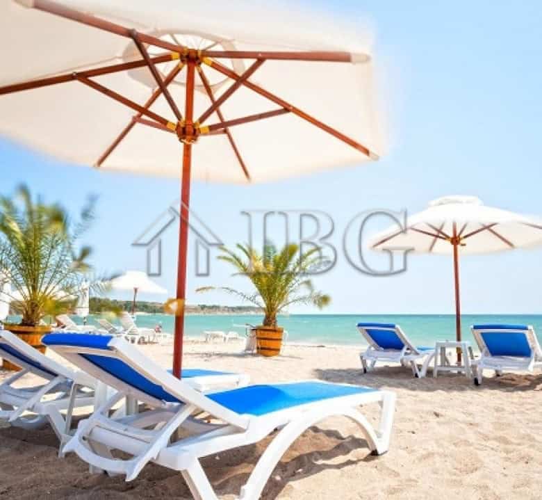 Beach chairs and umbrellas overlooking the sea at Atlantis Resort, Sarafovo, Burgas. Perfect for rel.