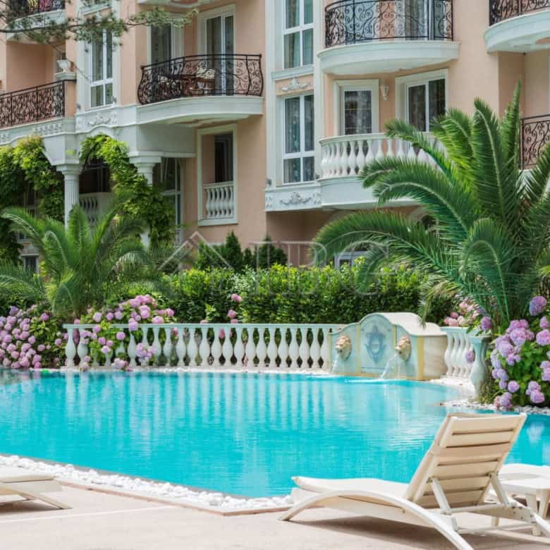 Luxury apartment with pool and garden views at Venera Palace, Sunny Beach.