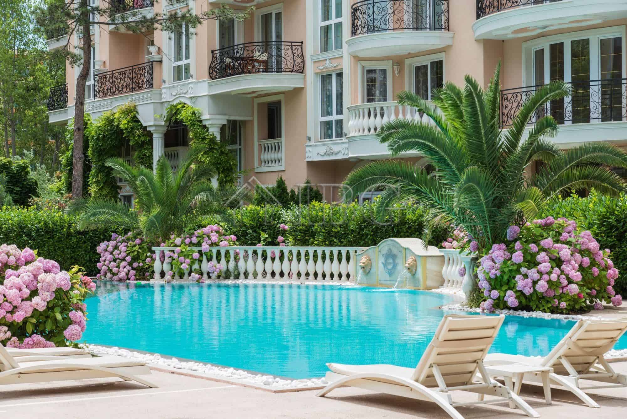 Luxury apartment with pool and garden views at Venera Palace, Sunny Beach.