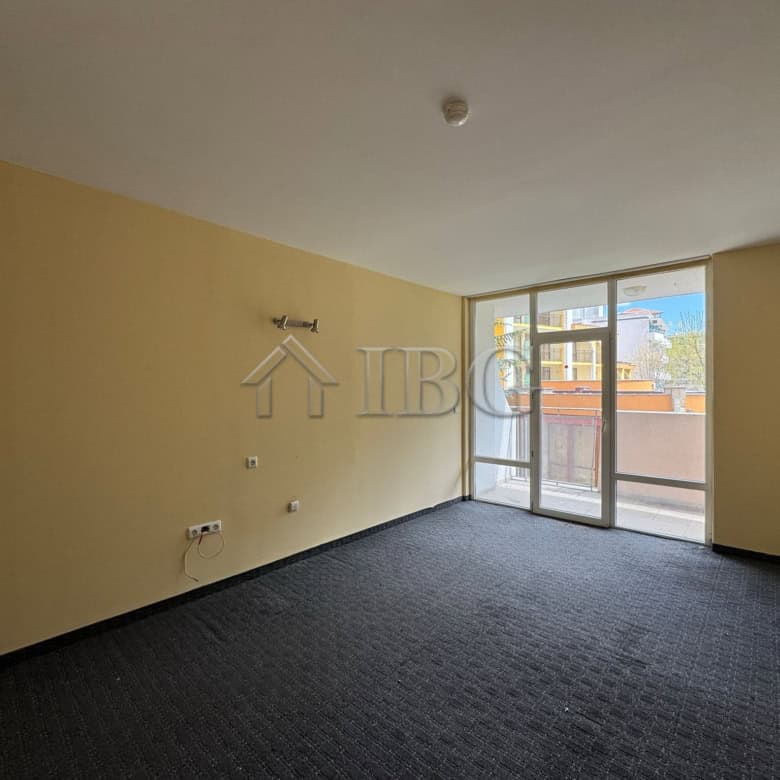 Hotel room with balcony and large windows in Sunny Beach, Bulgaria.