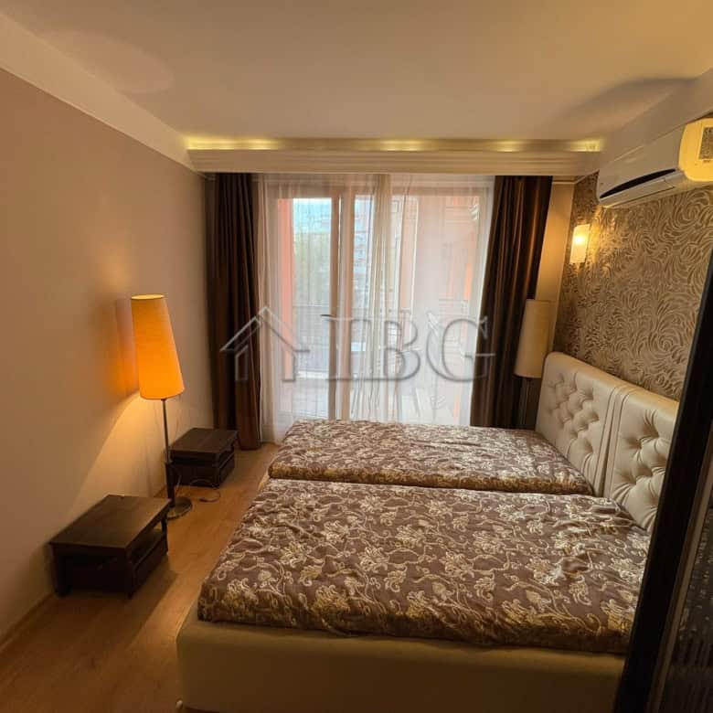 Pool view 2-bedroom apartment in Harmony Palace, Sunny Beach, featuring 2 bathrooms and contemporary.