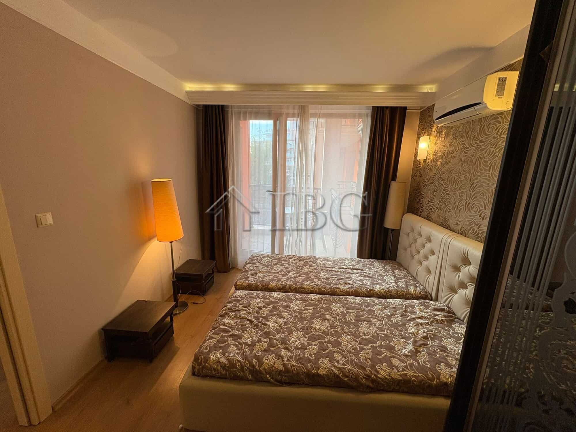Pool view 2-bedroom apartment in Harmony Palace, Sunny Beach, featuring 2 bathrooms and contemporary.