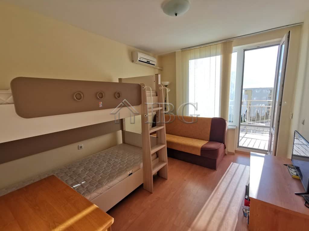 Apartment interior with balcony view in Sveti Vlas, Bulgaria.
