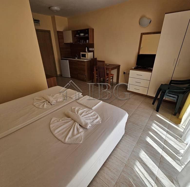 Furnished 42 sq. m. studio with balcony in Pollo Resort, Sunny Beach, offering comfort and scenic vi.