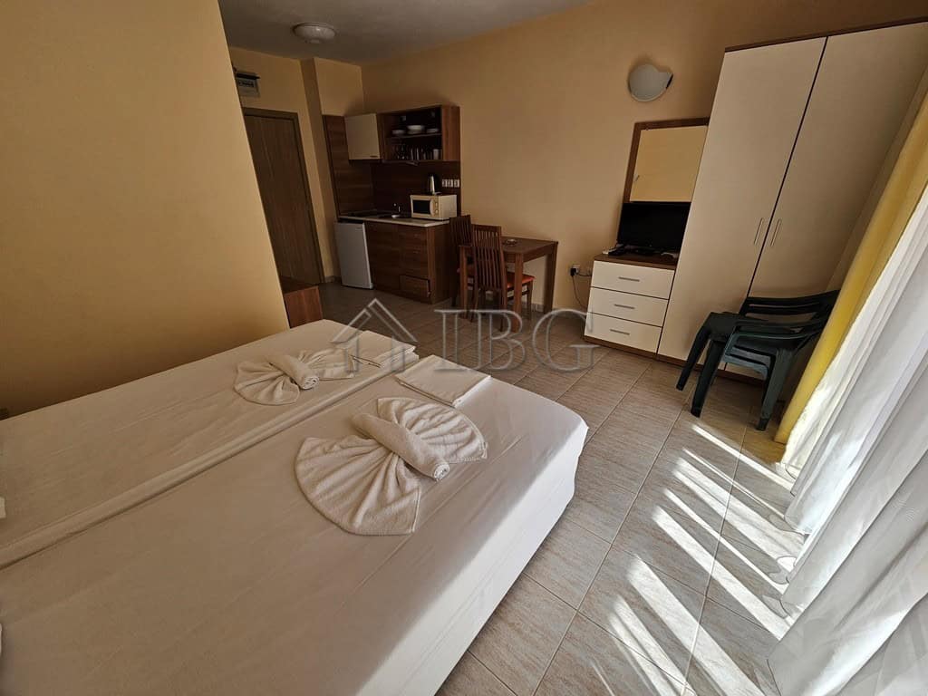 Furnished 42 sq. m. studio with balcony in Pollo Resort, Sunny Beach, offering comfort and scenic vi.
