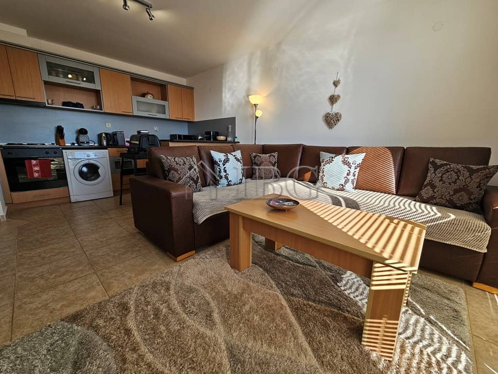 Bright living room with modern open-plan kitchen and comfortable sofa.