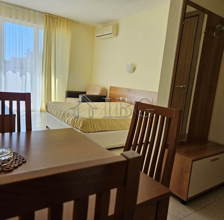 Bright studio apartment with balcony overlooking pool at Pollo Resort, Sunny Beach.