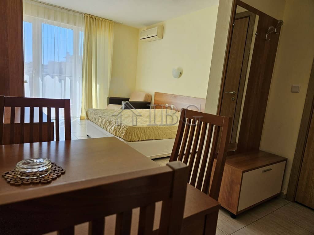 Bright studio apartment with balcony overlooking pool at Pollo Resort, Sunny Beach.