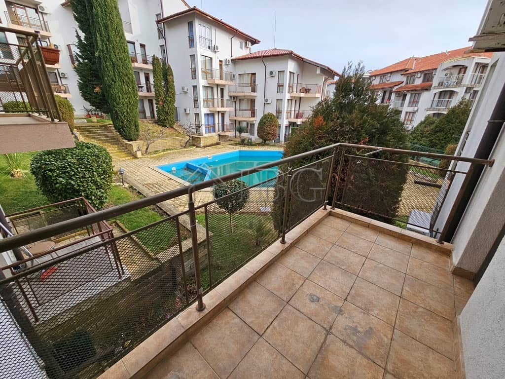 Balcony view of the pool from a 1-bedroom apartment in Dinevi Resort, Sveti Vlas.
