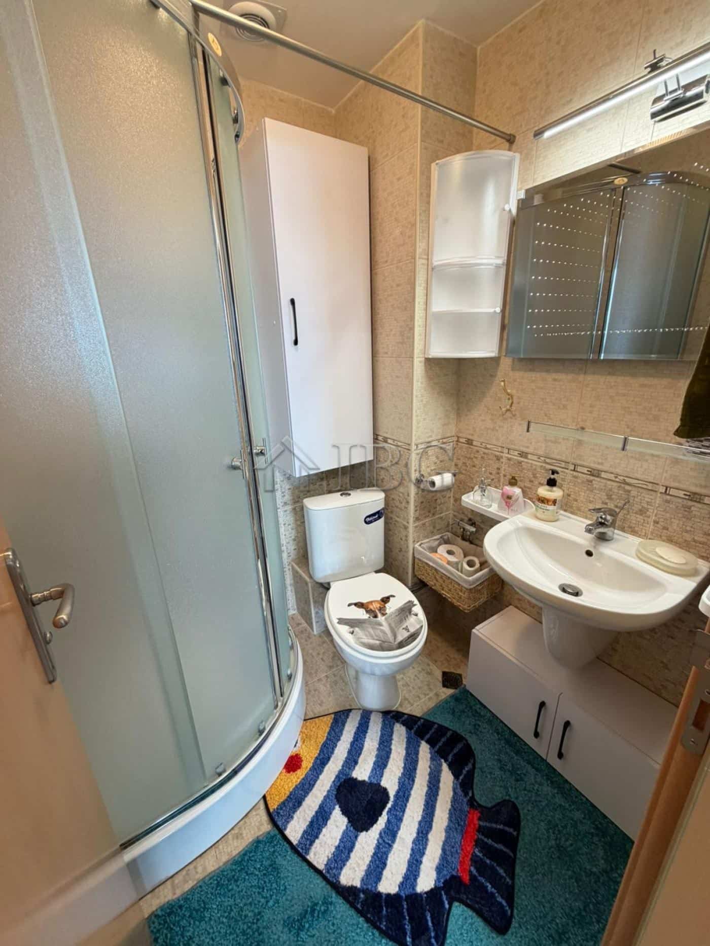 Compact bathroom with shower, toilet, and sink in a seaside apartment.