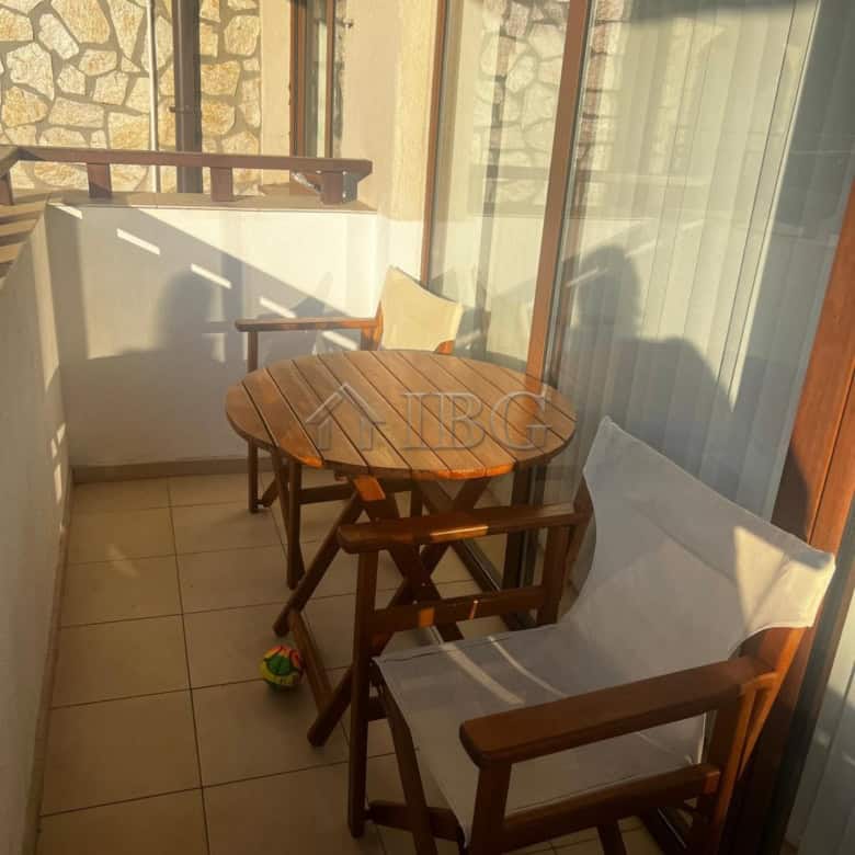 Balcony view of furnished one-bedroom apartment in Arena 1, Sveti Vlas, with sea proximity.