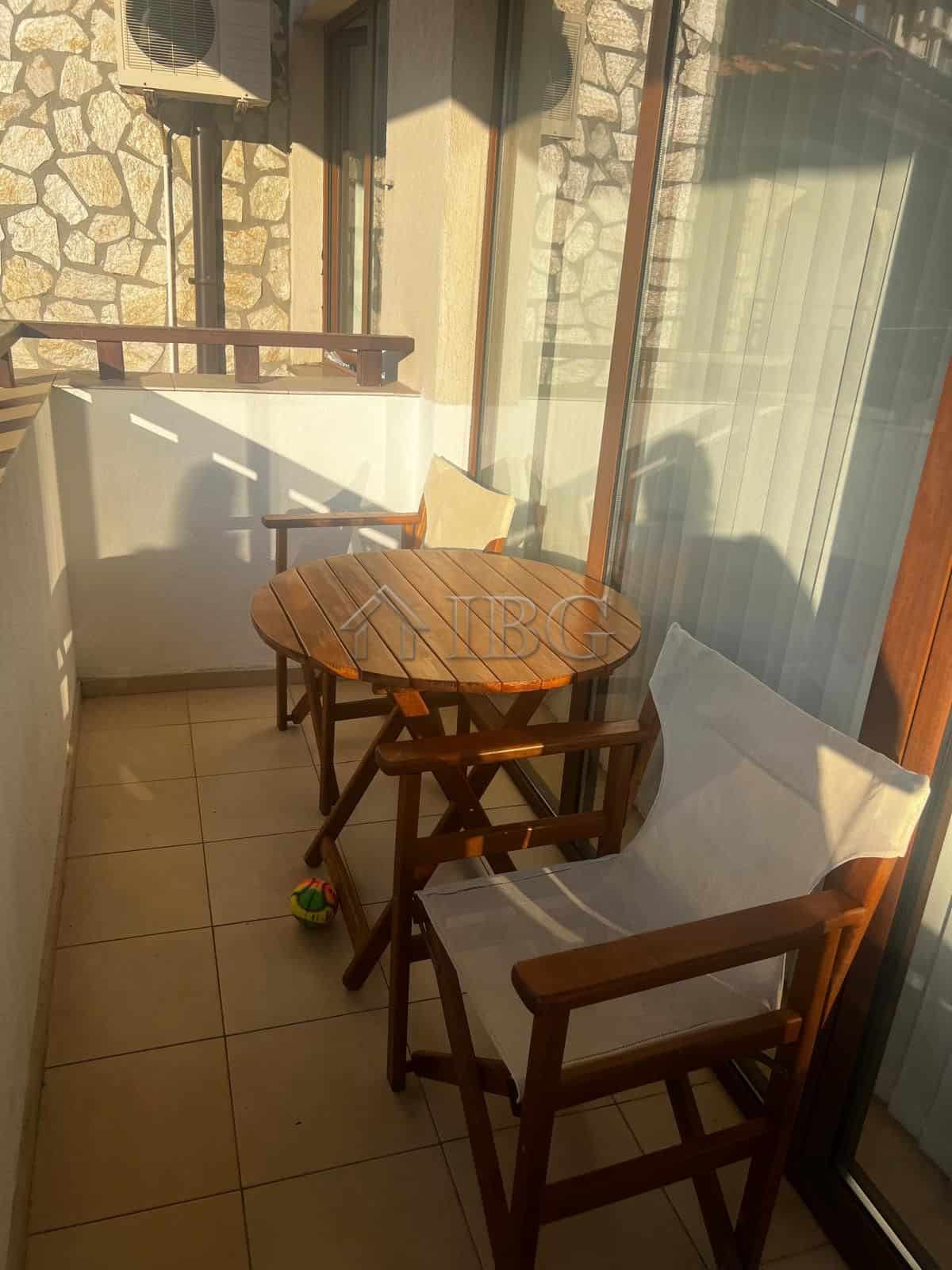 Balcony view of furnished one-bedroom apartment in Arena 1, Sveti Vlas, with sea proximity.