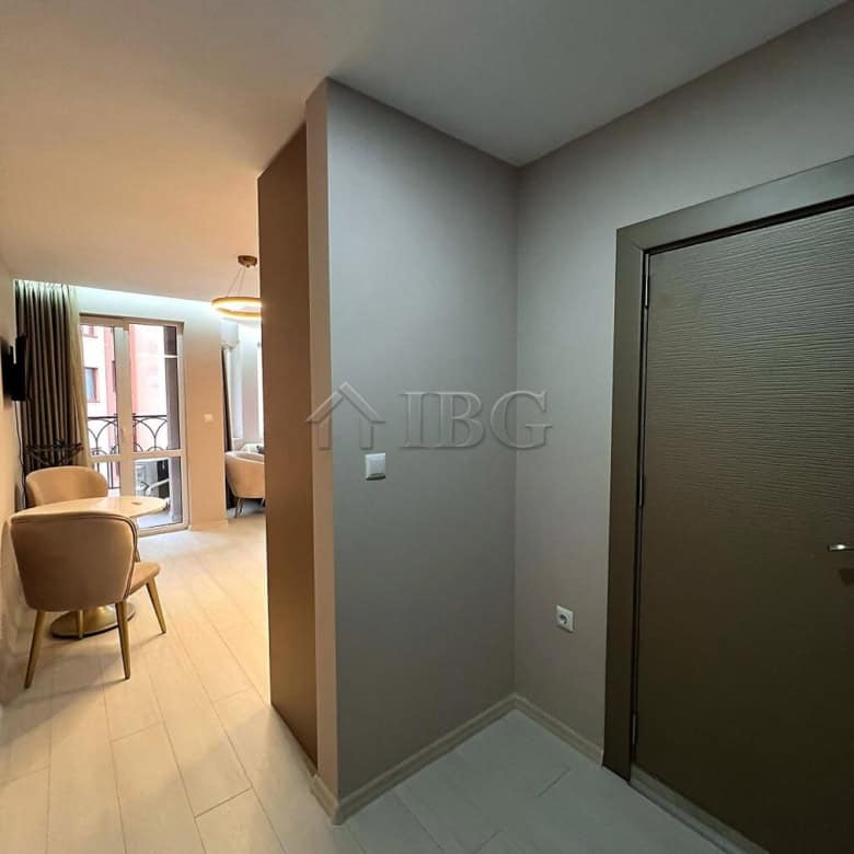 Furnished studio with balcony in a new complex at Sunny Beach, featuring contemporary decor and spac.