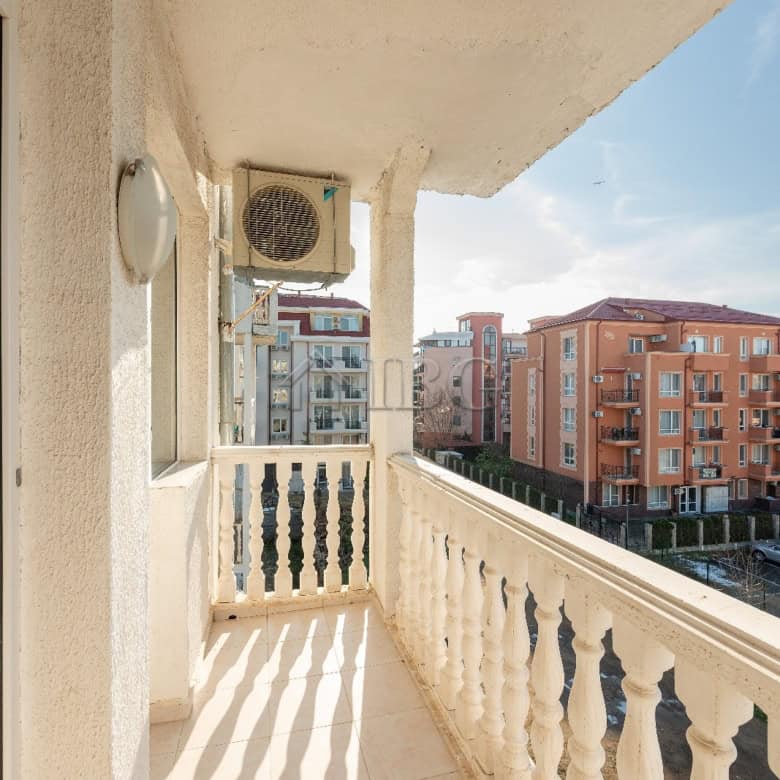Bright balcony with pool view in renovated 2-bedroom apartment at Bravo 5, Sunny Beach.